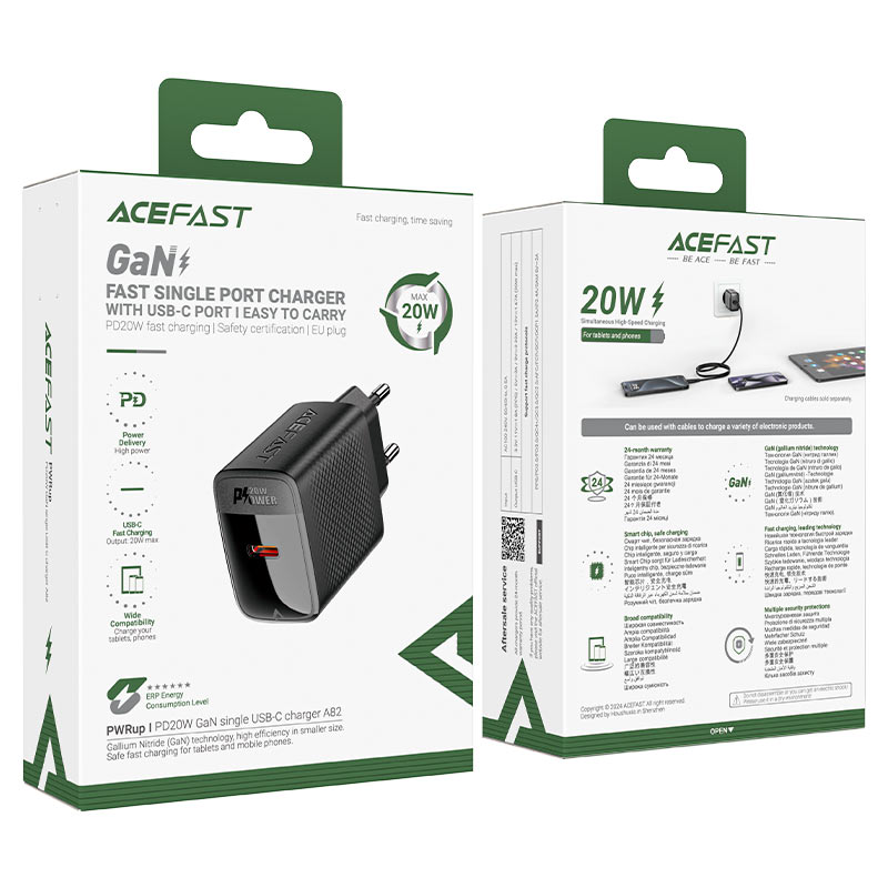 Φορτιστής Ταξιδίου Acefast A82 GaN USB-C PD20W Μαύρος + Καλώδιο Φόρτισης Type C σε Type C 1.2m