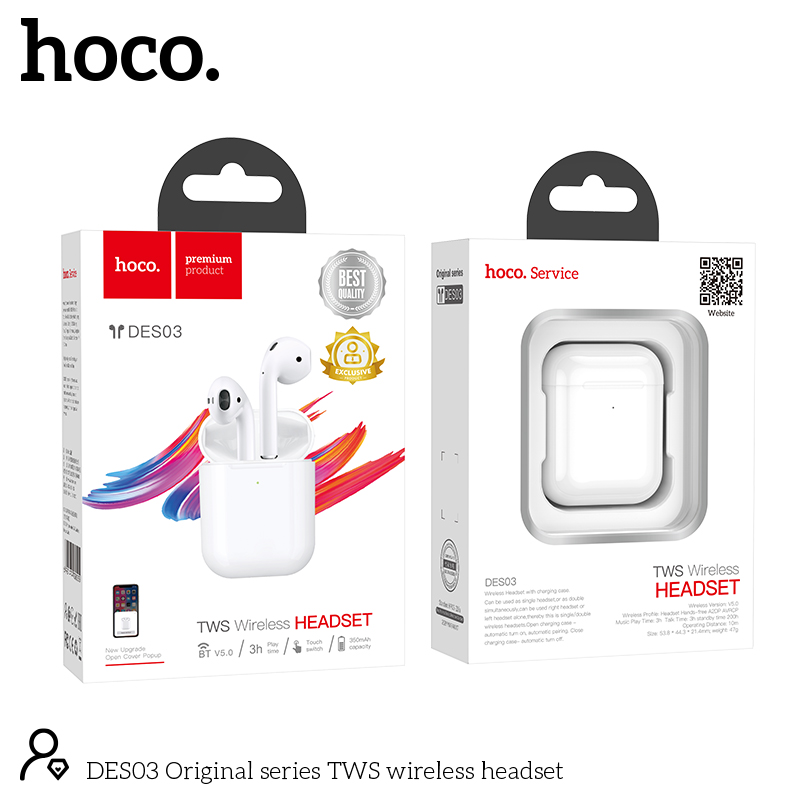 Wireless Hands Free Hoco. DES03 TWS V5.0 350mAh και 3h Ώρες Λειτουργίας Λευκά