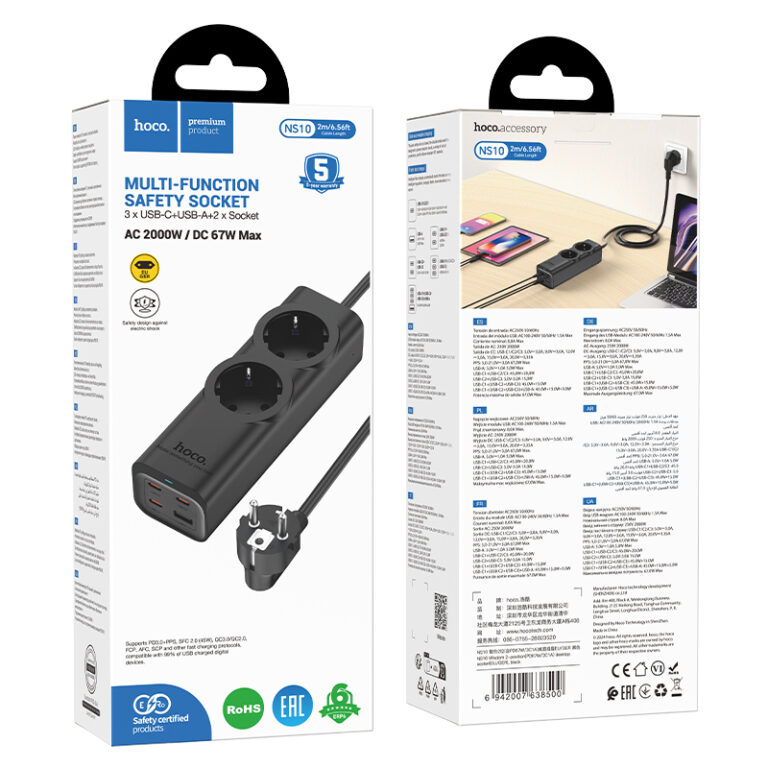 Επιτραπέζιος Φορτιστής Hoco NS10 Wisdom 4000W με 2xΣούκο + 3xUSB-C + 1xUSB-A PD65W με Καλώδιο 2m Μαύρος