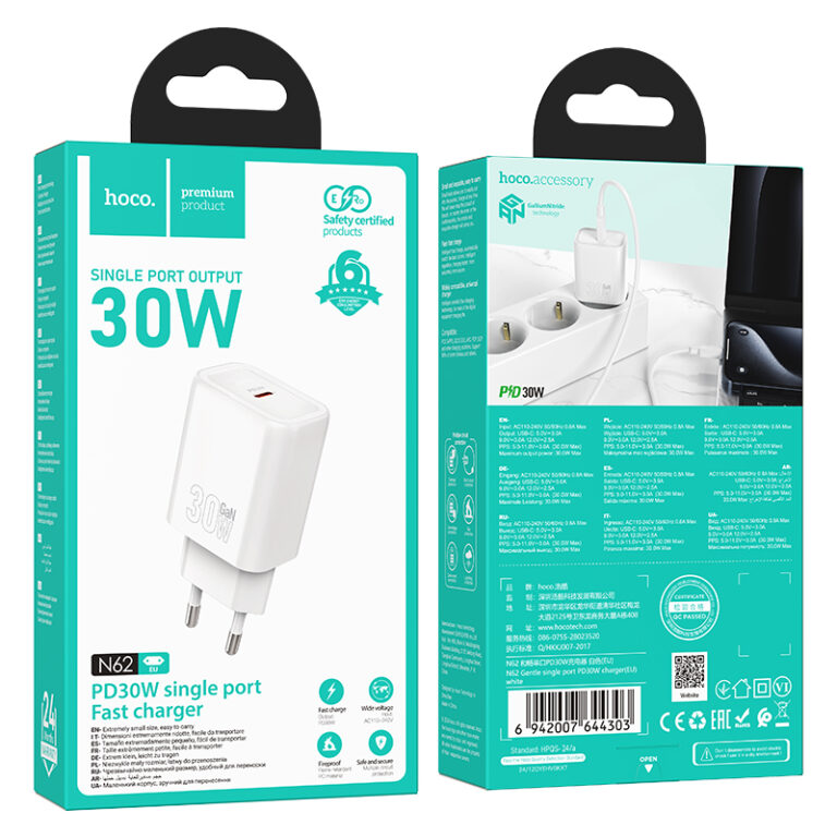 Φορτιστής Ταξιδίου Hoco N62 Gentle με 1 Εξόδο Φόρτισης GaN USB-C Quick Charge PD30W 5V 3.0A Λευκός
