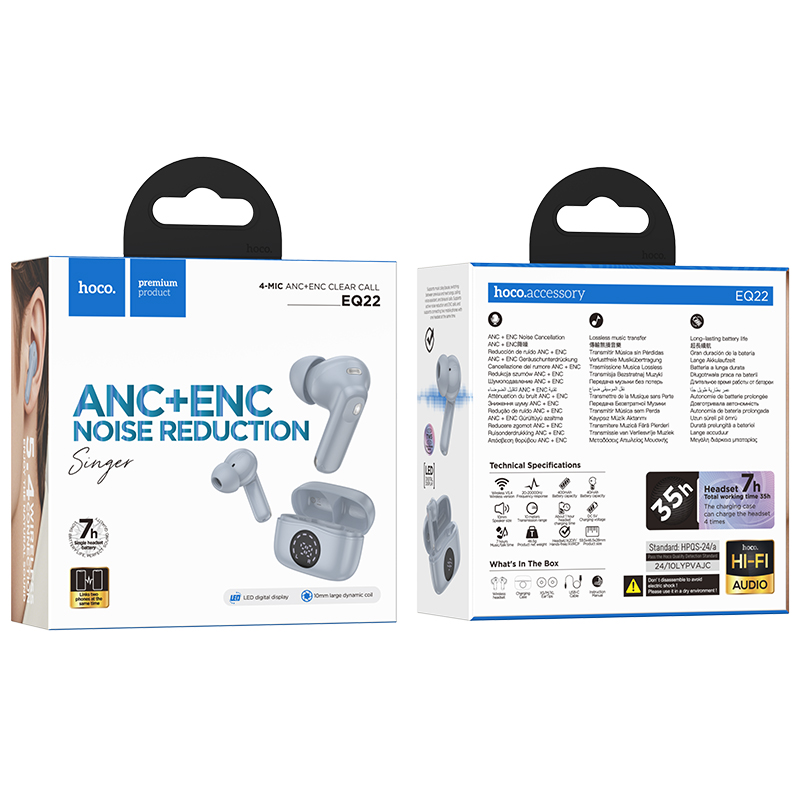 Wireless Hands Free Hoco EQ22 Singer TWS V5.4 400mAh με 7 Ώρες Λειτουργίας και Εναλλαγή Master/Slave Μπλε