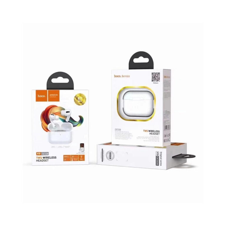 Wireless Hands Free Hoco. DES08 Plus TWS V5.0 300mAh και 3h Ώρες Λειτουργίας Λευκά με Μαύρο Silicon Sleeve