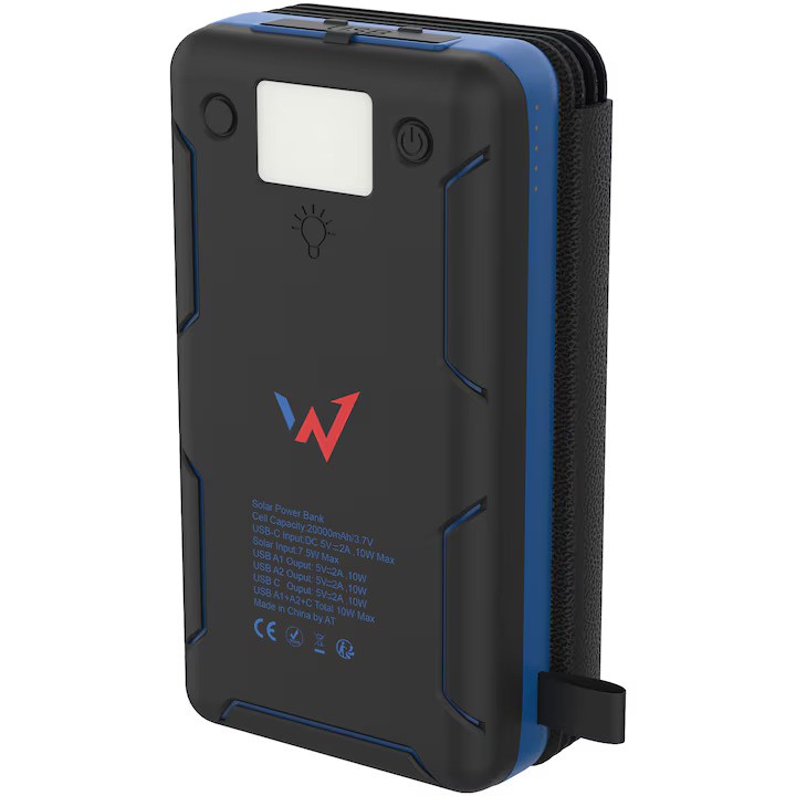 Ηλιακό Power Bank Wonder WX20S 20000mAh 5V/2A 7.5W με 5 Ηλιακά Πάνελ, 2 x USB-A και 1 x USB-C Έξοδο και Φακό Μαύρο