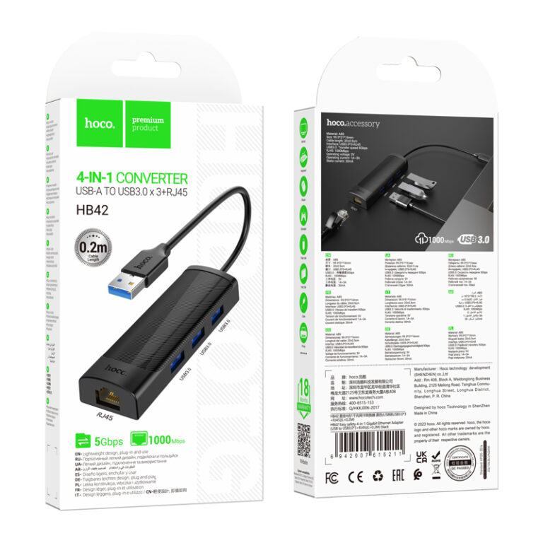 USB Hub Hoco HB42 USB σε 3 x USB 3.0 και RJ45 με Λειτουργία Μεταφοράς Δεδομένων 1000Mbps 0.2m Μαύρο