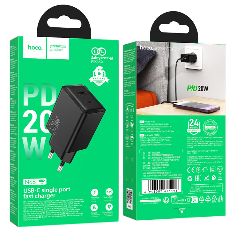 Φορτιστής Ταξιδίου Hoco N68 Nuevo με 1 Εξόδο Φόρτισης USB-C PD20W 5V 3.0A Μαύρος
