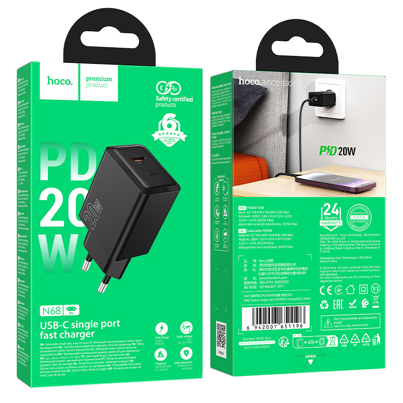 Φορτιστής Ταξιδίου Hoco N68 Nuevo με 1 Εξόδο Φόρτισης USB-C PD20W 5V 3.0A Μαύρος