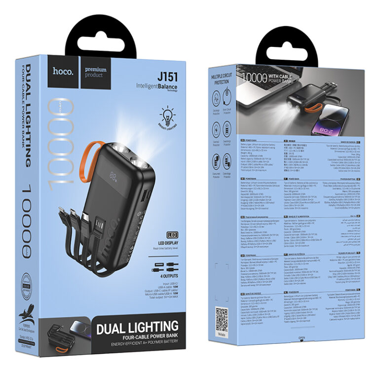 Power Bank Hoco J151 Spirit 10000mAh με 4 Καλώδια Φόρτισης, Φακό και LED Ένδειξη Μαύρο