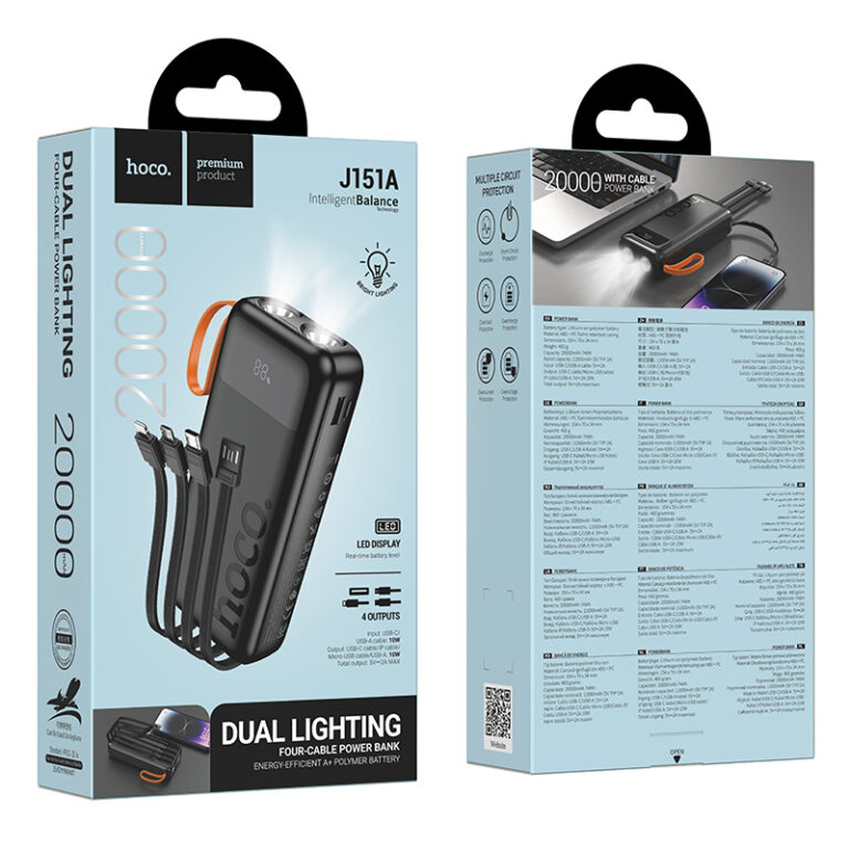 Power Bank Hoco J151A Spirit 20000mAh με 4 Καλώδια Φόρτισης, Φακό και LED Ένδειξη Μαύρο
