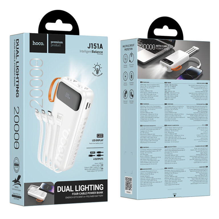 Power Bank Hoco J151A Spirit 20000mAh με 4 Καλώδια Φόρτισης, Φακό και LED Ένδειξη Λευκό