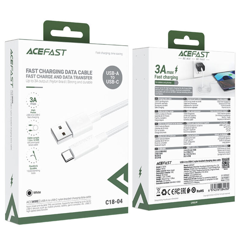 Καλώδιο Σύνδεσης Acefast C18-04 USB-A σε USB-C 3A Fast Charge USB2.0 Braided Λευκό 1.2m.