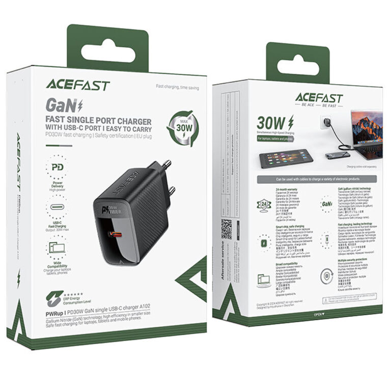 Φορτιστής Ταξιδίου Acefast A102 Fast Charging USB-C PD30W QC3.0 GaN Μαύρος