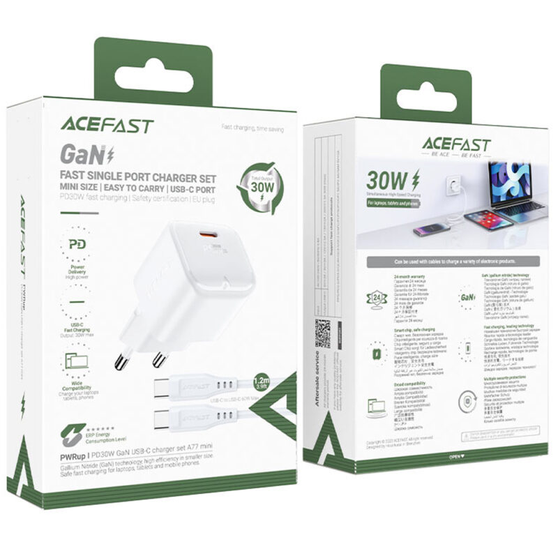 Φορτιστής Ταξιδίου Acefast A77 Mini Fast Charging 1xUSB-C PD30W QC3.0 GaN Λευκός + Καλώδιο USB-C σε USB-C