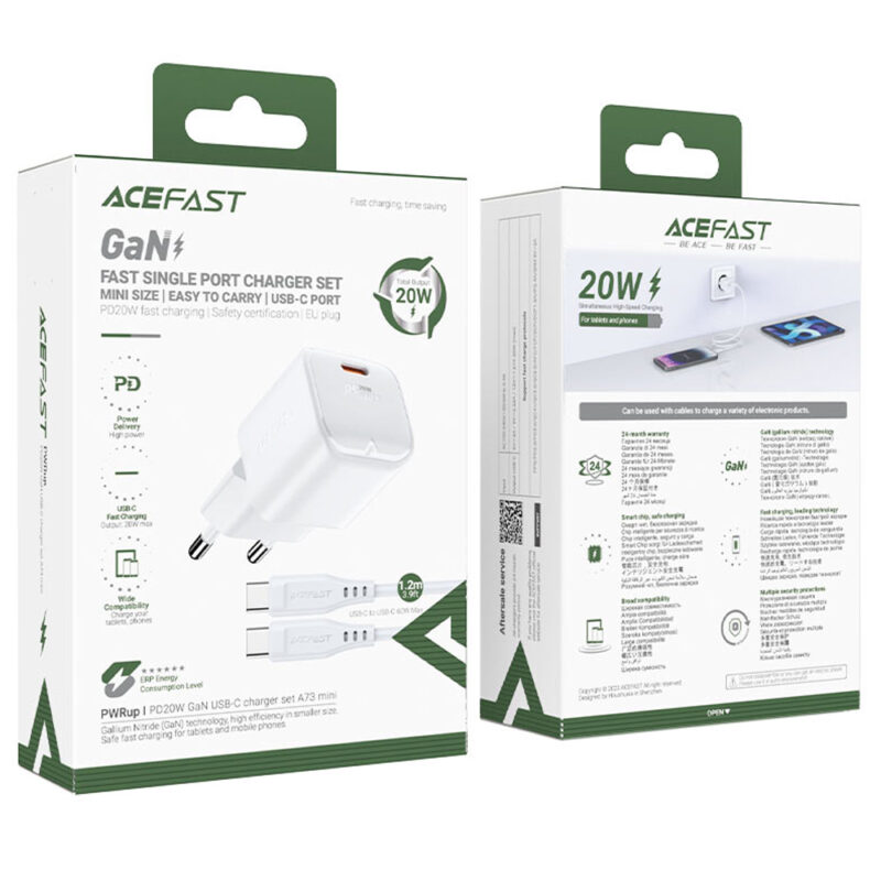 Φορτιστής Ταξιδίου Acefast A73 Mini Fast Charging 1xUSB-C PD20W QC3.0 GaN Λευκός + Καλώδιο USB-C σε USB-C