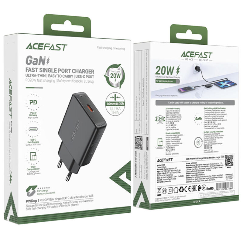 Φορτιστής Ταξιδίου Acefast A65 Ultra Thin Fast Charging 1xUSB-C PD20W QC3.0 GaN Μαύρος