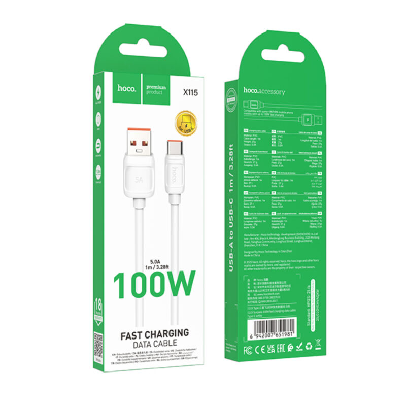 Καλώδιο Hoco X115 Surpass USB-A σε USB-C 100W 5A Λευκό 1m