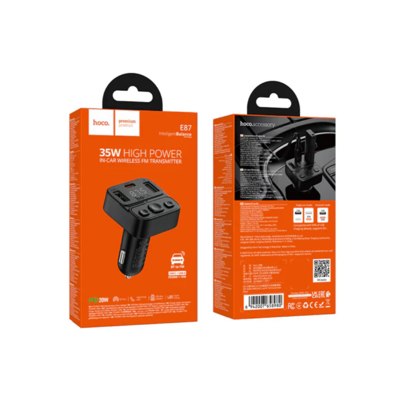 Bluetooth FM Transmitter Hoco E87 Delta 35W με 2xUSB-A και 1xUSB-C PD20W BT v5.4 Υποστηρίζει Αναπαραγωγή Μουσικής απο USB και Απάντηση Κλήσεων