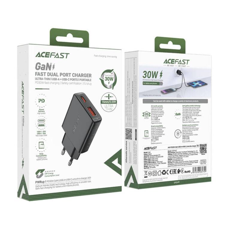 Φορτιστής Ταξιδίου Acefast A69 GaN Mini με 1xUSB-A + 1xUSB-C PD30W Μαύρος