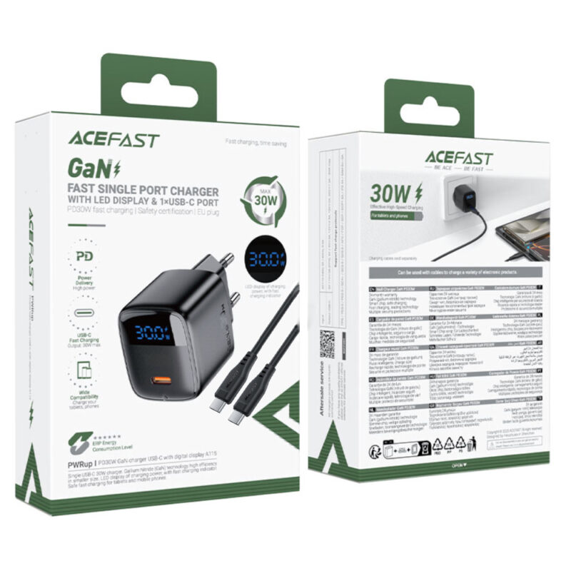 Φορτιστής Ταξιδίου Acefast A115 Fast Charging USB-C PD30W 3.0A GaN με LED Ένδειξη Φόρτισης + Καλώδιο USB-C σε USB-C Μαύρος