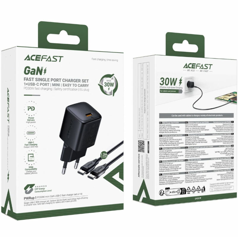 Φορτιστής Ταξιδίου Acefast A118 Mini Fast Charging 1xUSB-C PD30W QC3.0 GaN με USB-C σε USB-C Καλώδιο 1.2m Μαύρος