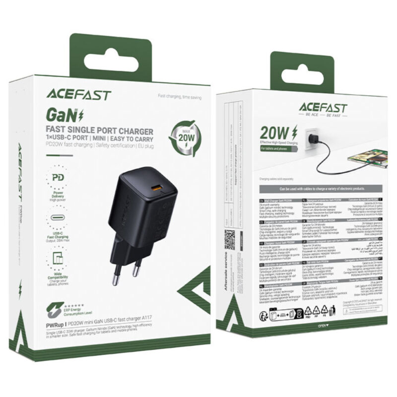 Φορτιστής Ταξιδίου Acefast A117 Mini Fast Charging USB-C PD20W 3A GaN Μαύρος
