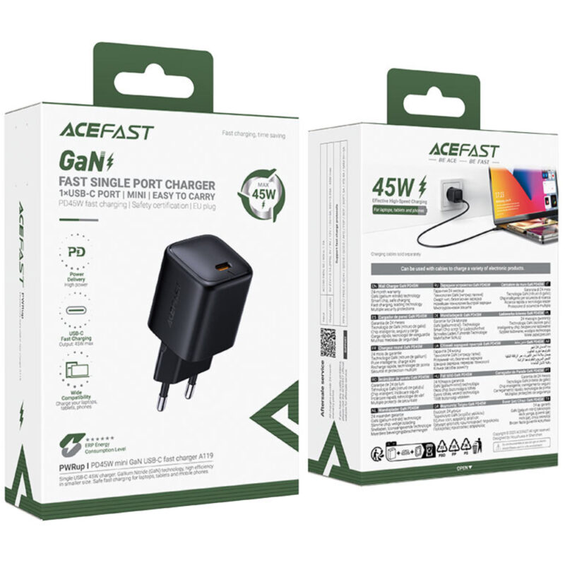 Φορτιστής Ταξιδίου Acefast A119 Mini Fast Charging USB-C PD45W 3A GaN Μαύρος