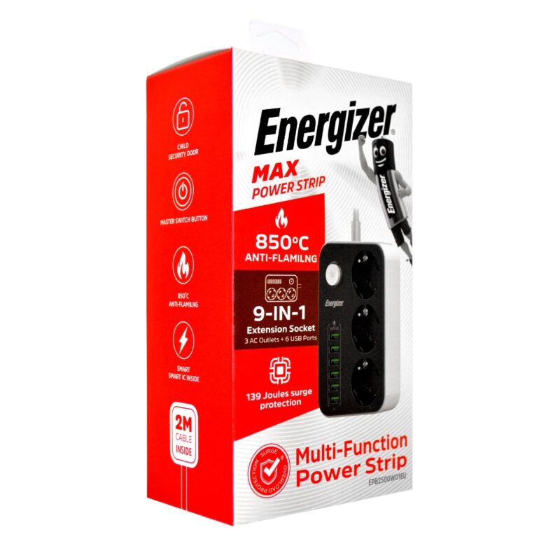 Επιτραπέζιος Φορτιστής Energizer EPB2500W01EU 2500W 10A Max με 3xΣούκο + 6xUSB-A 17W, Διακόπτη Ασφαλείας On/Off με Καλώδιο 2m Μαύρος