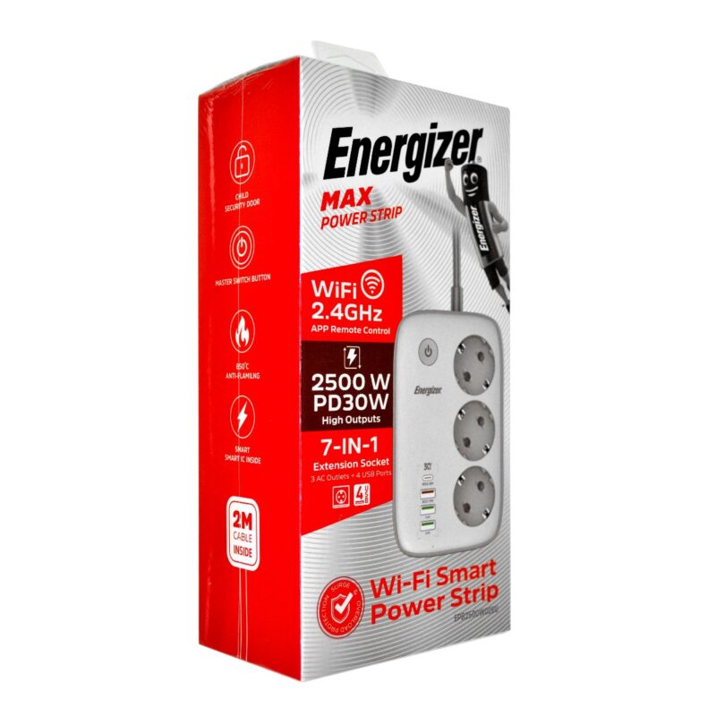 Επιτραπέζιος Φορτιστής Energizer EPB2500W02EU 2500W 10A Max με 3xΣούκο+USB-C+3xUSB-A 2.4A Διακόπτη Ασφαλείας, Έλεγχο μέσω WiFi 2m Λευκός