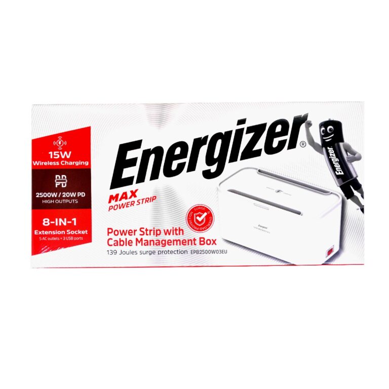 Επιτραπέζιος Box Φορτιστής Energizer EPB2500W03EU 2500W 5xΣούκο 2xUSB USB-C PD20W QC 2.4A Ασύρματη Φόρτιση 15W Διακόπτη Ασφαλείας 2m Λευκός