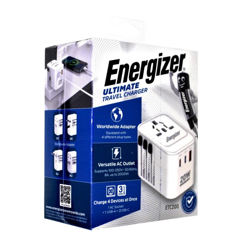 Παγκόσμιος Φορτιστής Ταξιδίου Energizer ETC200 US/AU UK EU με 1xUSB-A 18W και 2xUSB-C 20W/12W Λευκός