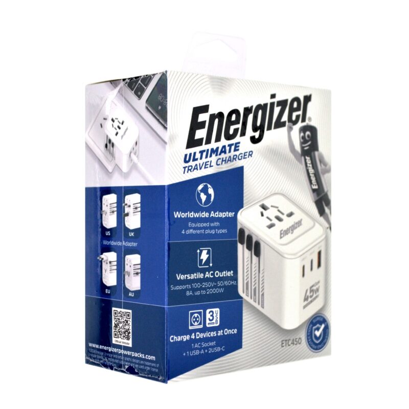 Παγκόσμιος Φορτιστής Ταξιδίου Energizer ETC650 US/AU UK EU με 1xUSB-A QC 30W και 2xUSB-C PD65W GaN Λευκός
