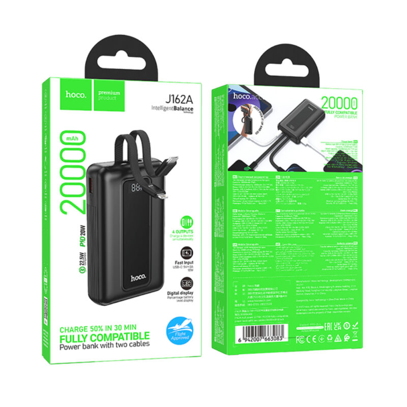 Power Bank Hoco J162A 20000mAh PD20W+22.5W QC με Θύρες USB+USB-C Ενσωματωμένα Καλώδια USB-C+Lighting και LED Ένδειξη Μαύρο