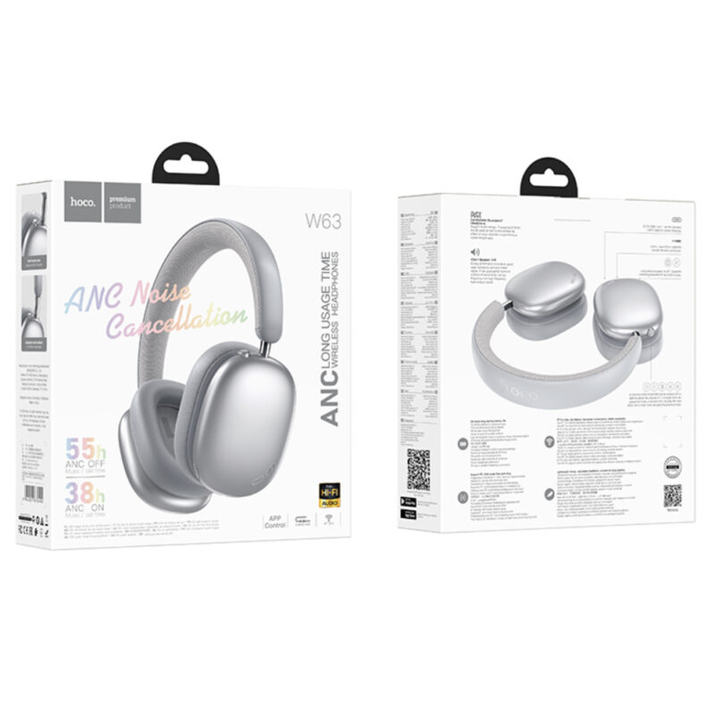 Wireless Ακουστικά Stereo Hoco W63 Triunfo ANC v5.4 500mAh με AUX Ασημί