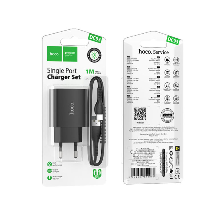 Φορτιστής Ταξιδίου Hoco. DC93 1xUSB-A 5V 2.1A με Καλώδιο USB-A σε USB-C Μαύρο