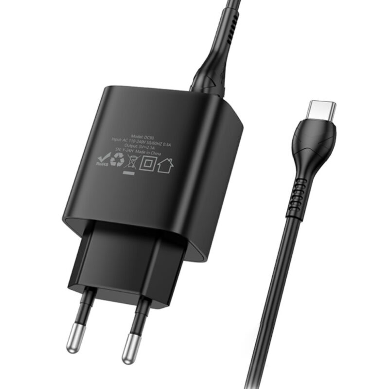Φορτιστής Ταξιδίου Hoco. DC93 1xUSB-A 5V 2.1A με Καλώδιο USB-A σε USB-C Μαύρο