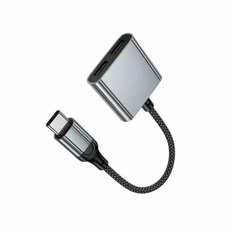 Αντάπτορας Hoco UPA34A USB-C με Διπλή Έξοδο σε 2xUSB-C για Τροφοδοσία και Ηχο με Braided Καλώδιο Γκρί