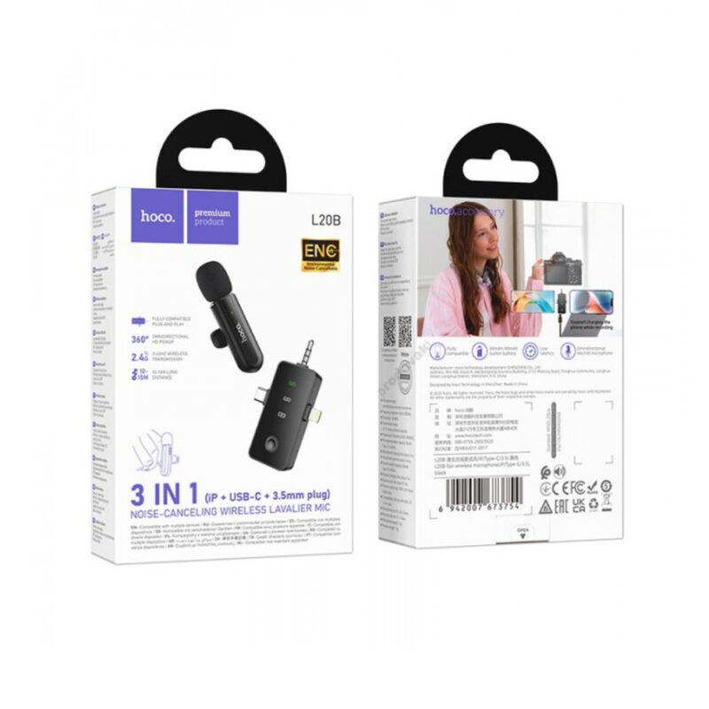 Μικρόφωνο Πέτου Ασύρματο Hoco L20B Fair Lavalier USB-C AUX Lightning 2.4Ghz Εμβέλεια 15m Digital Noise Cancellation ENC 7h Λειτουργίας