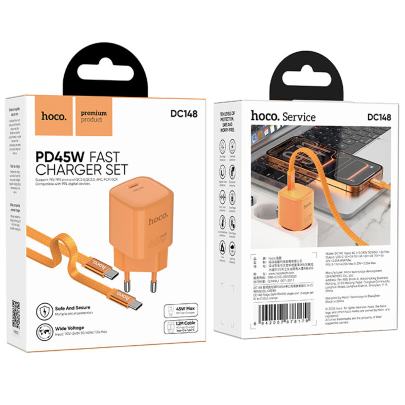 Φορτιστής Ταξιδίου Hoco. DC148 Ridge 1xUSB-C PD45W GaN QC με Καλώδιο USB-C σε USB-C 1.2m Braided Πορτοκαλί