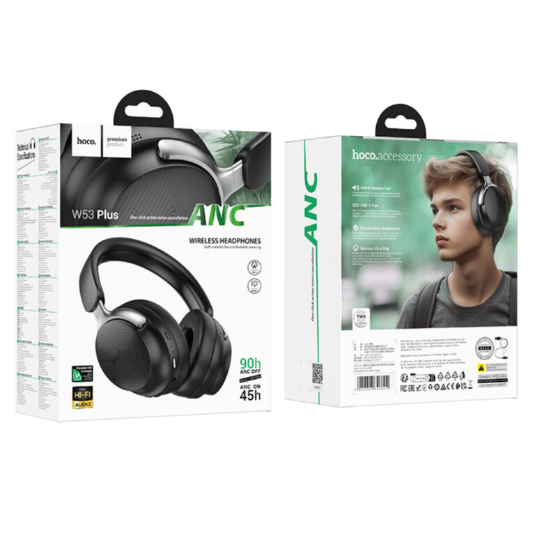 Wireless Ακουστικά Stereo Hoco W53 Plus Tone ANC Hi-Fi v5.4 800mAh με AUX TF Μαύρα