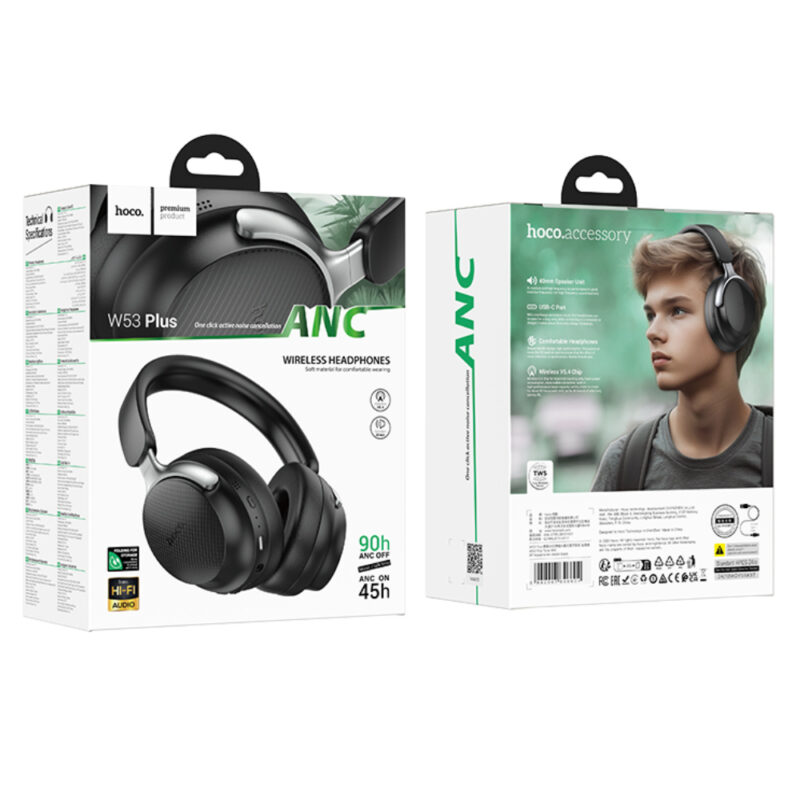 Wireless Ακουστικά Stereo Hoco W53 Plus Tone ANC Hi-Fi v5.4 800mAh με AUX TF Μαύρα