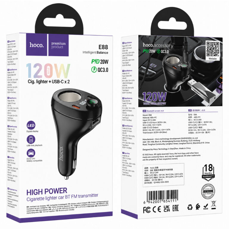 Bluetooth FM Transmitter Hoco E88 Star 120W με 1xUSB-A 2xUSB-C PD20W QC3.0 BT v5.4 με Υποδοχή Αναπτήρα Μαύρο