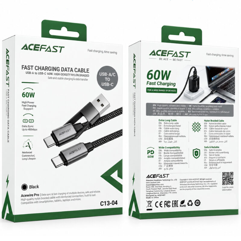 Καλώδιο Acefast C13-04 USB-C σε USB-C / USB-A 3A 60W Braided Μαύρο 1.2m