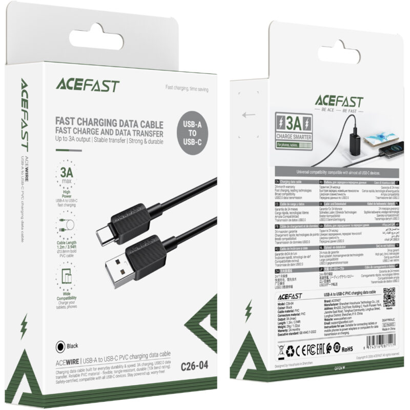 Καλώδιο Acefast C26-04 USB-A σε USB-C 18W 3A Μαύρο 1.2m