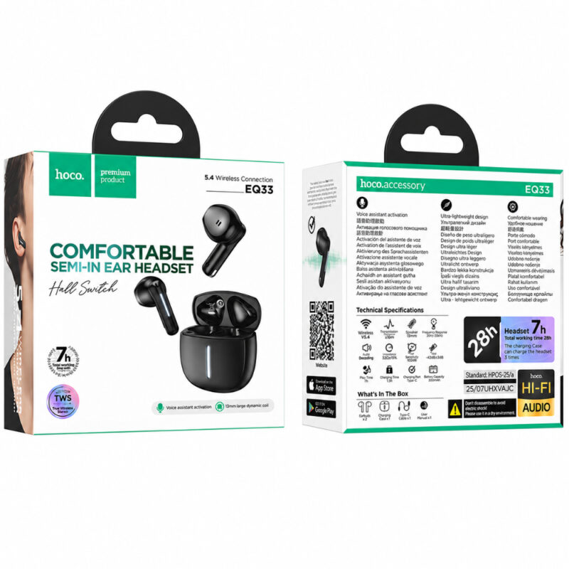 Wireless Hands Free Hoco EQ33 Gem TWS v5.4 300mAh 7 Ώρες Λειτουργίας Μαύρα