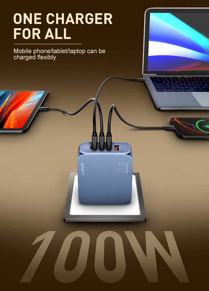 LDNIO φορτιστής τοίχου Q8 με καλώδιο USB-C, USB/Lightning/3x USB-C, GaN, 100W, μπλε