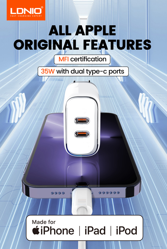 LDNIO φορτιστής τοίχου A2528M με καλώδιο, 2x USB-C, 35W, MFi, λευκό