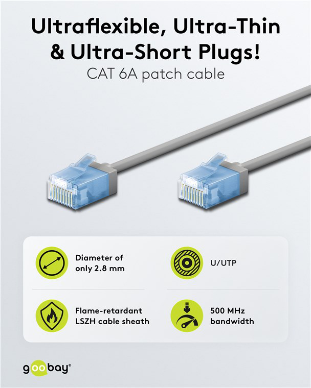 Goobay Καλώδιο Δικτύου 0.15m CAT 6A U/UTP Ultra Slim Copper 500MHz Γκρι 74219