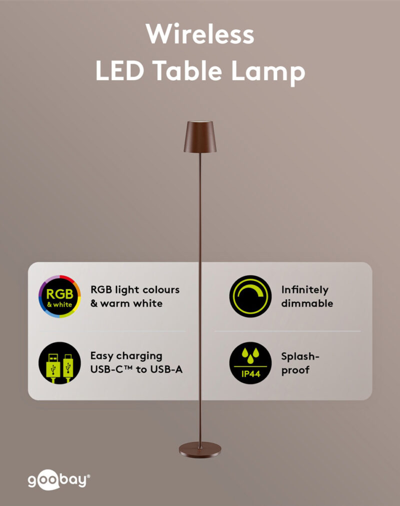 GOOBAY επιτραπέζιο φωτιστικό 76574, RGBW, dimmable, επαναφορτιζόμενο, έως 122.3cm ύψος, χάλκινο