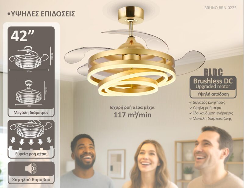 BRUNO ανεμιστήρας οροφής με LED φως BRN-0225, AC 122W, 42", Φ107x58εκ., χρυσός