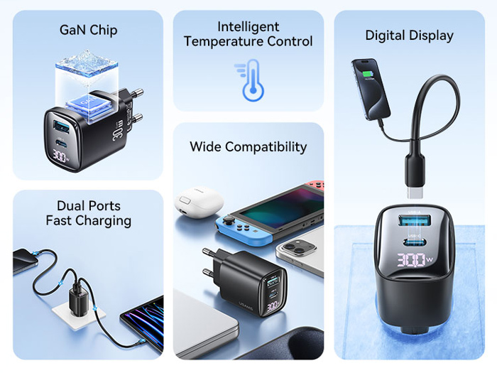 USAMS φορτιστής τοίχου US-CC229, USB & USB-C, 30W, GaN, μαύρος