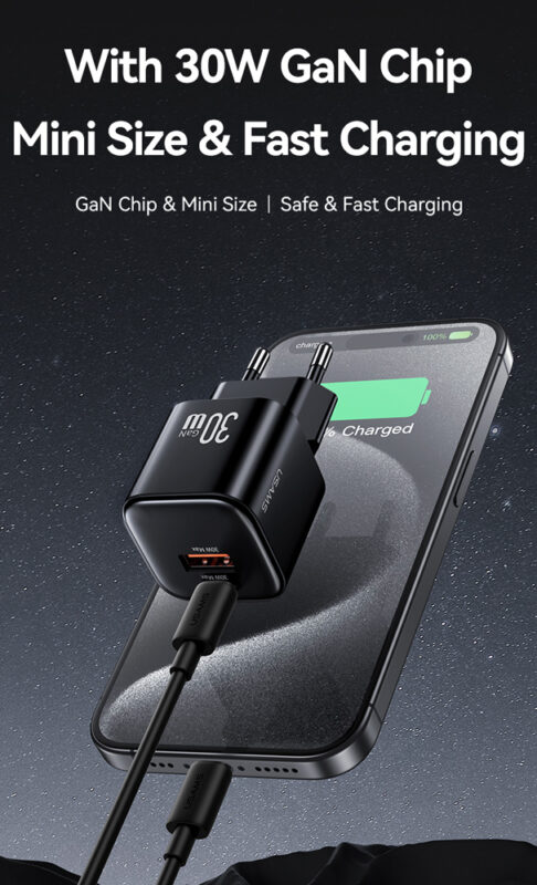 USAMS φορτιστής τοίχου CC263, USB & USB-C, 30W, GaN, μαύρος